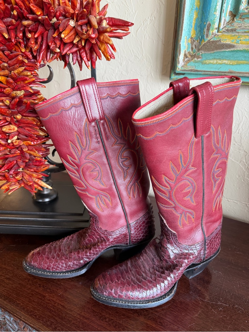 VINTAGE! CUSTOM!! Women's Burgundy  Genuine Python & Leather Cowboy Boots